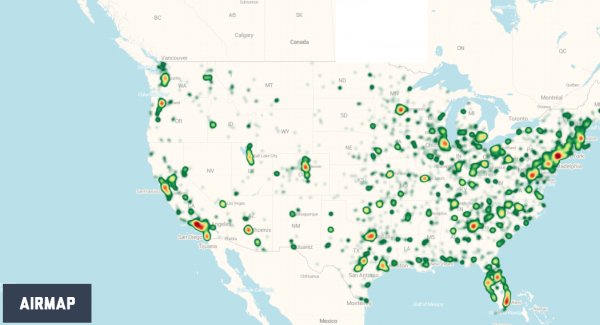 Heatmap of non-hobbyist UAS registrations, courtesy AirMap